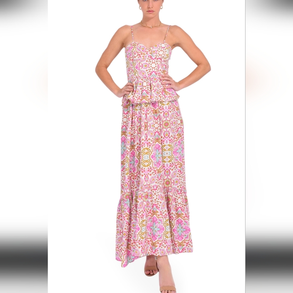 Misa Los Angeles Pink and Green Patterned Maxi Dress